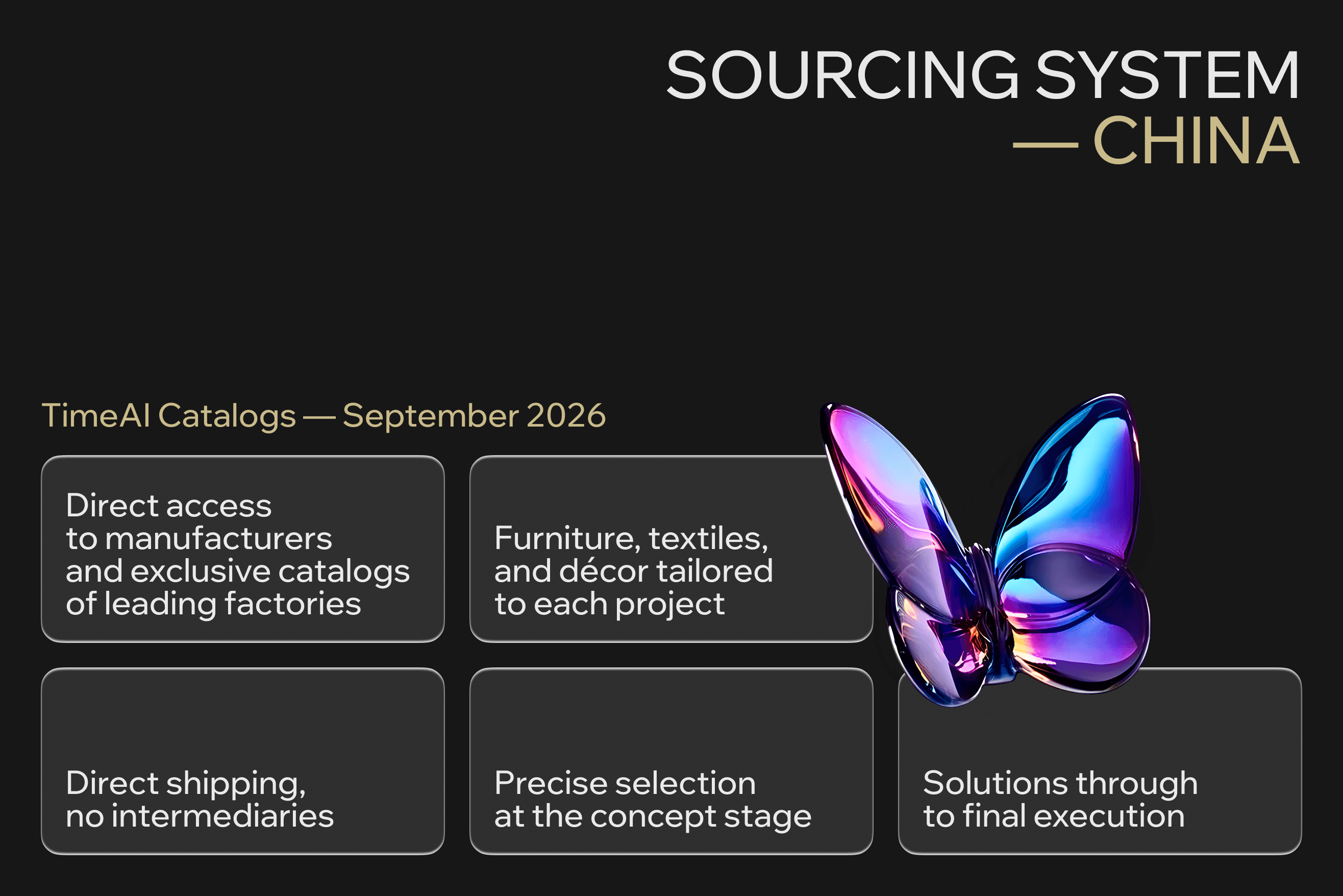 TIMEAI — a China-based sourcing system with direct factory access and supply chains free of middlemen.